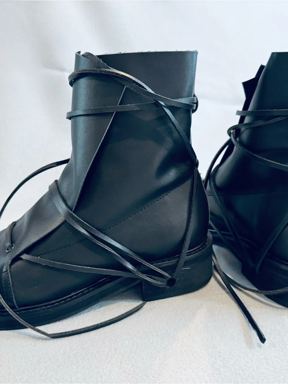 Black Leather Lace-Wrap Ankle Boot